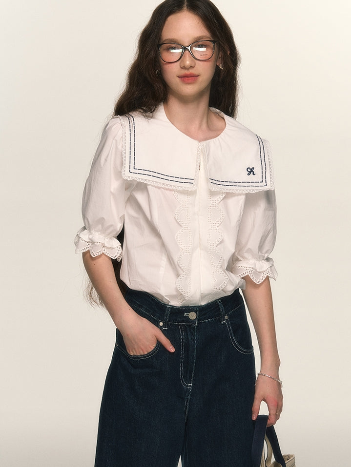 Marine Sailor-Collar Lace Candy-Sleeve Blouse
