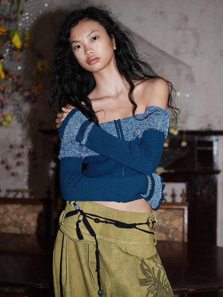 암커버 컬러풀한 오프숄더 지퍼 유니크 니트