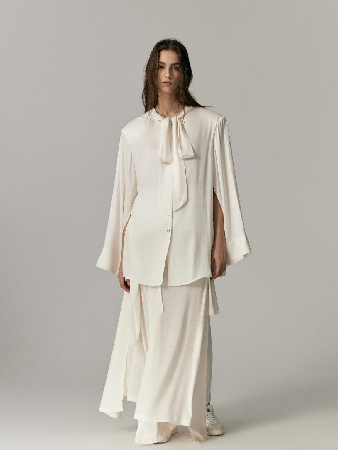 Ribbon-Tie Oversize Cape Blouse