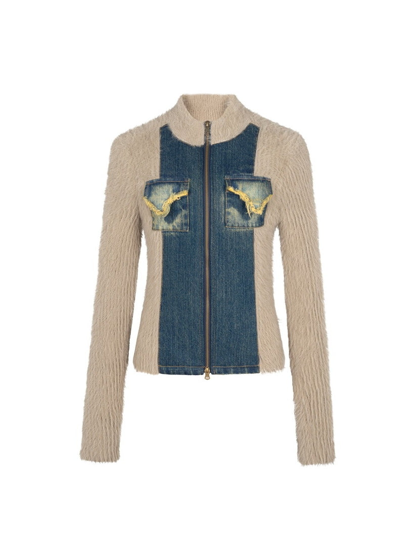 Denim&Knit Patchwork Double-Zip Fur Tops