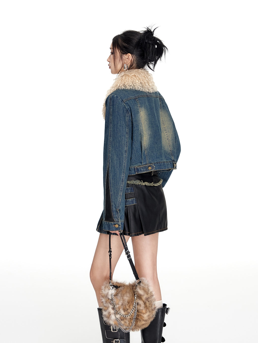 Fur-Collar Casual Classic Faded Denim-Jacket