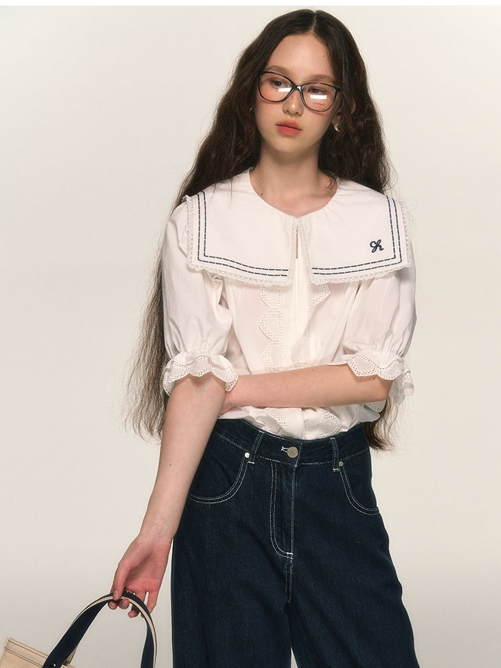 Marine Sailor-Collar Lace Candy-Sleeve Blouse