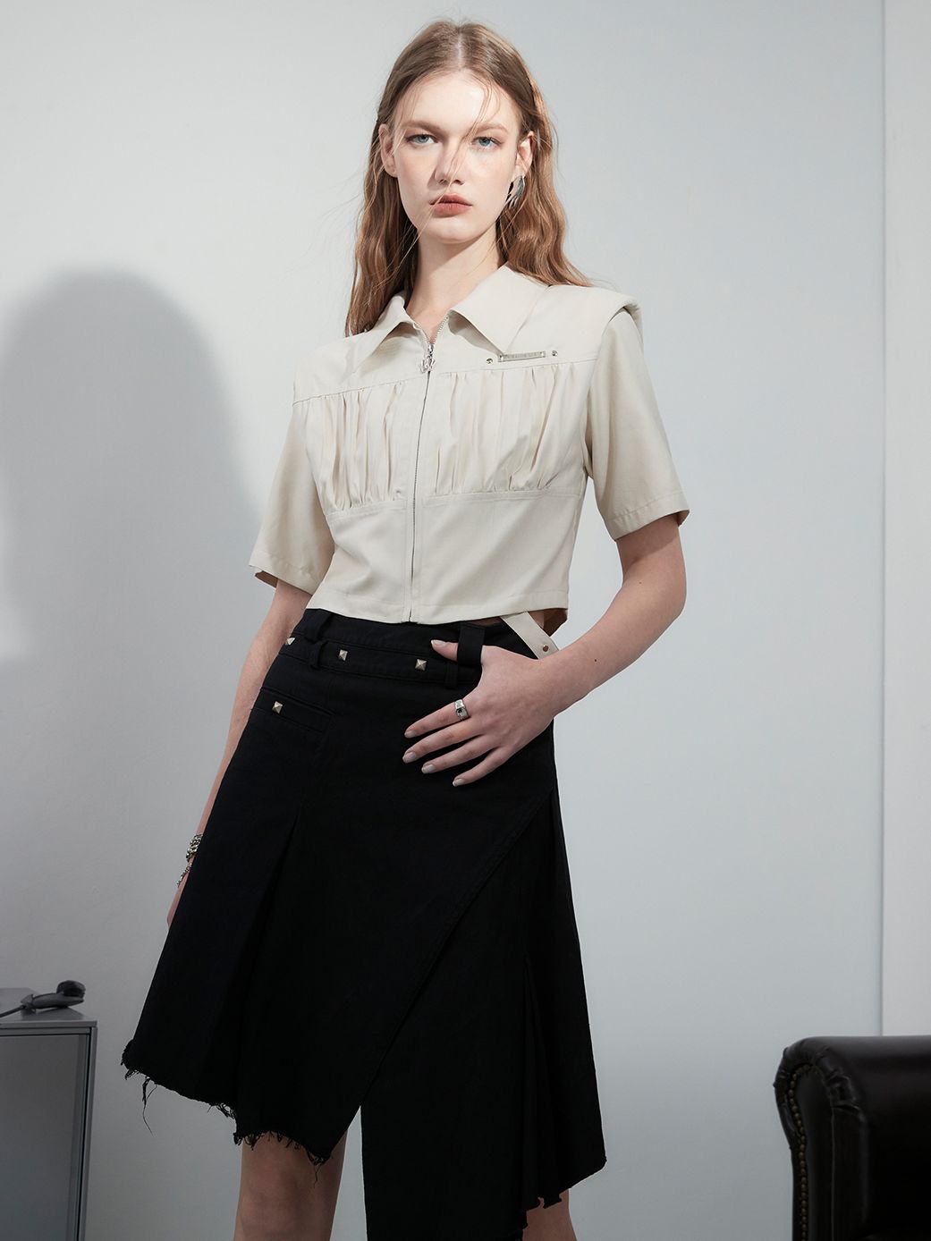 Zip Cropped Nichi Plain Shirt
