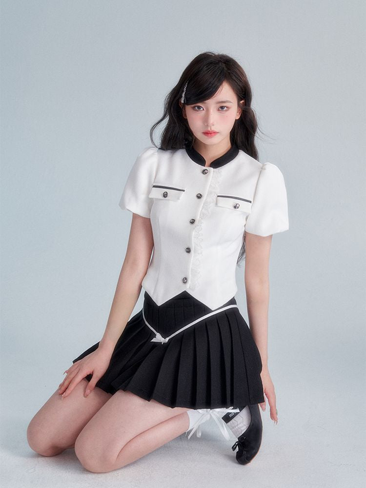 세련된 퍼프 슬리브 모노톤 스위트 블라우스 & 컬 로테