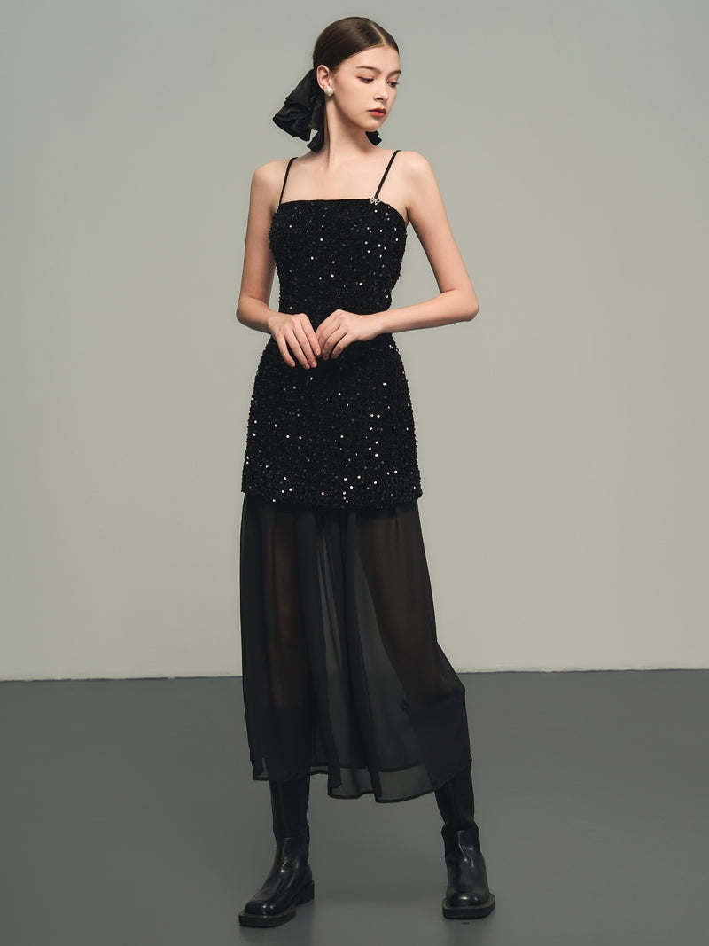 Sequins Elegant Bijou Flare Ciffon Camisole&Long-Skirt