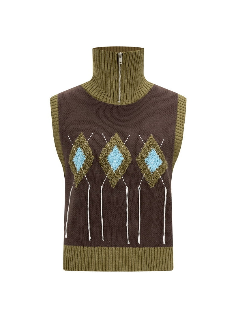 Broderie en tricot rétro rétro-vest à col élevé et jupe longue