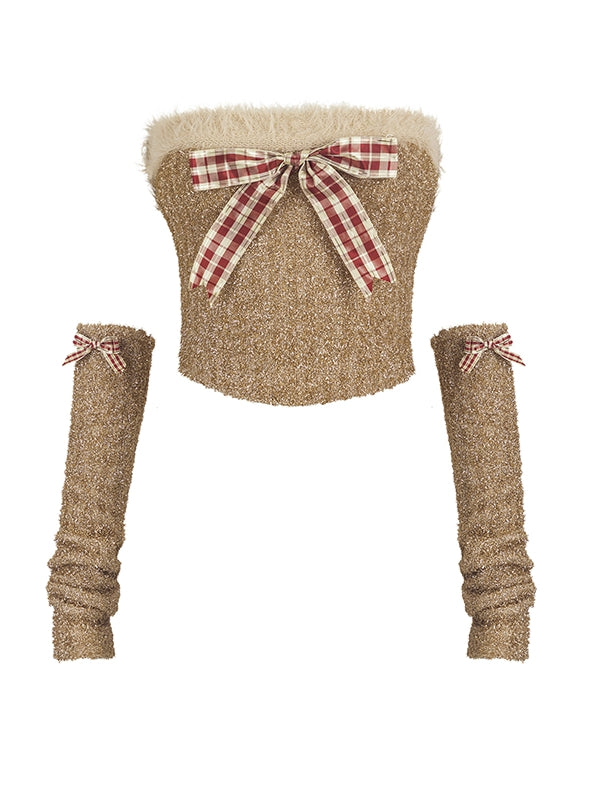 Ribbon Knit Ribbon Stretch Retro Set-Up Bare-Tops&Arm-Cover&Mini-Skirt