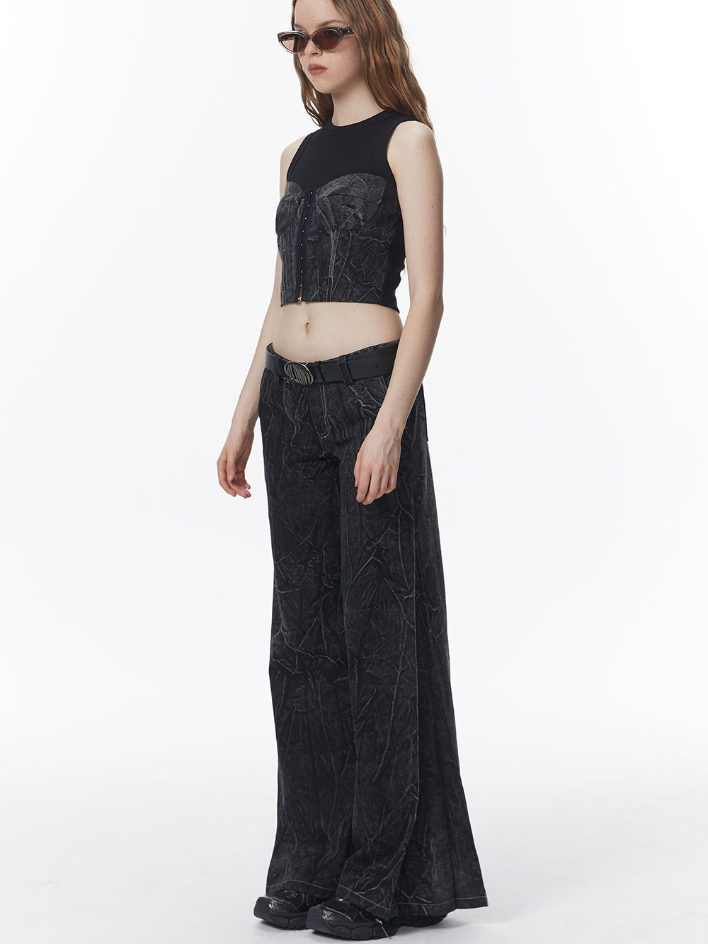 주름진 데님 캐주얼 넓은 바지