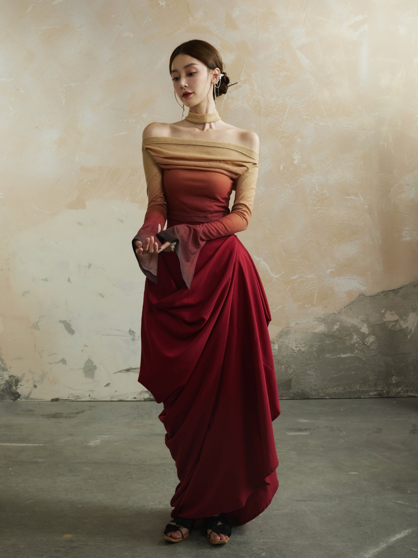 Plain Asymmetry Drape Feminine Elegant Long-Skirt