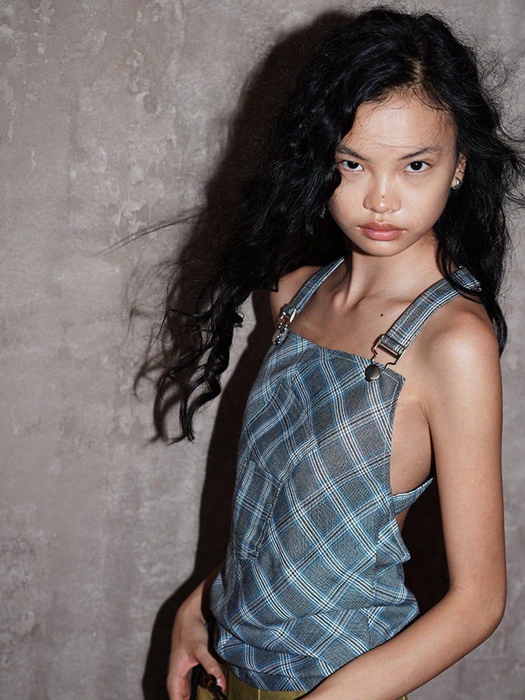 체크 백 오픈 백-크로스 걸리 탑