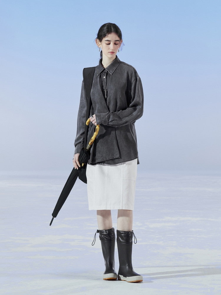 데님 비대칭 드레이프 니치 씻기 셔츠