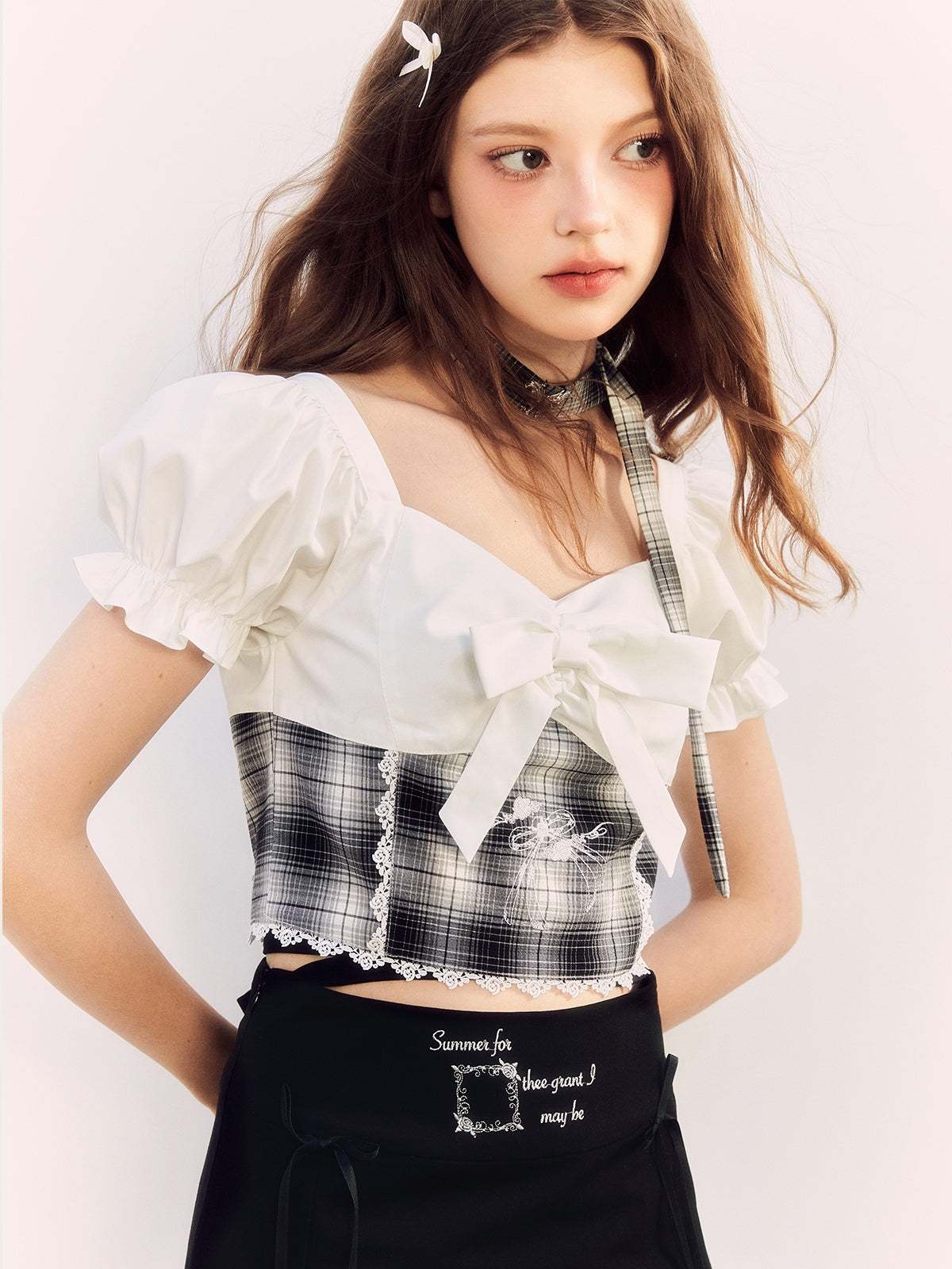점검 된 레이스 리본 여성용 Bly Blyse & Mini-Skirt