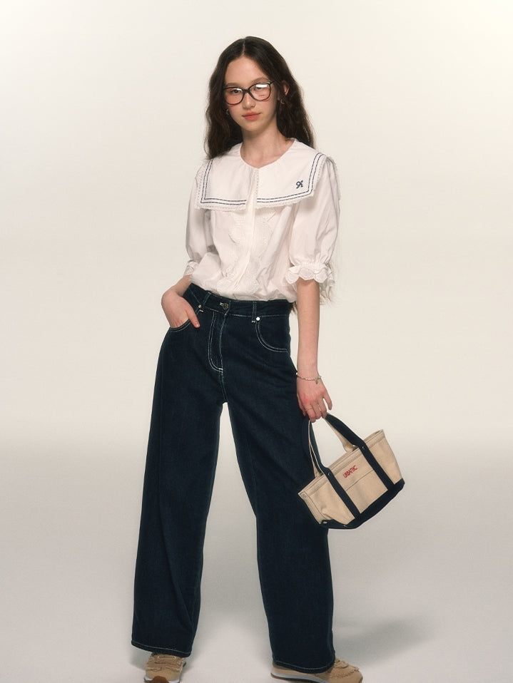 Marine Sailor-Collar Lace Candy-Sleeve Blouse