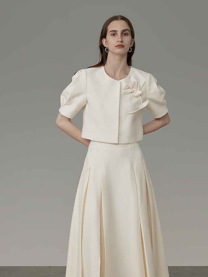 Flower Embroidery Puff-Sleeve Formal Blouse&Long-Skirt