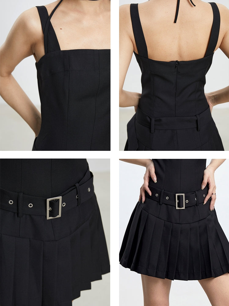 Belt Flare Tight Pleats One-Piece