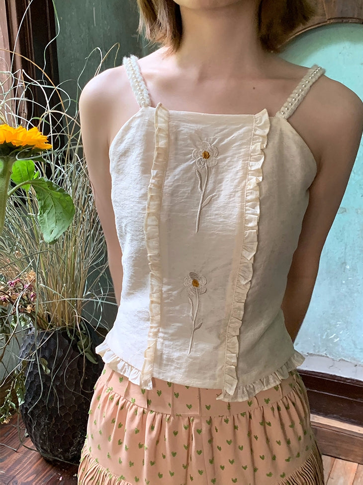 레이스 프릴 꽃 자수 천연 카미솔