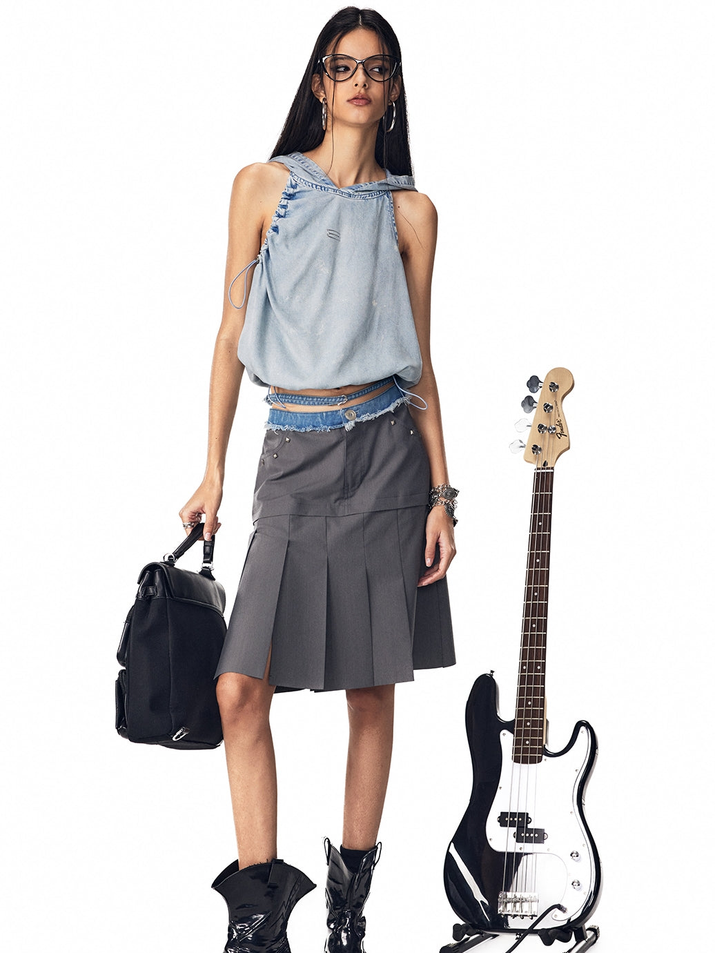 Drawstring Denim Hoodie Nichi Sleeveless Tops&Skirt