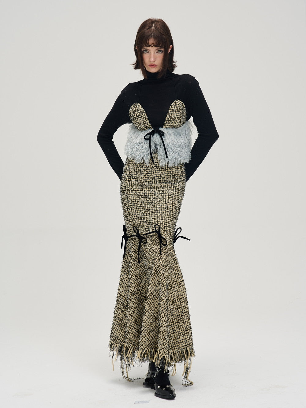 Nichi Tassel Tweed Ribbon Fell Camisole & Long-Scirt