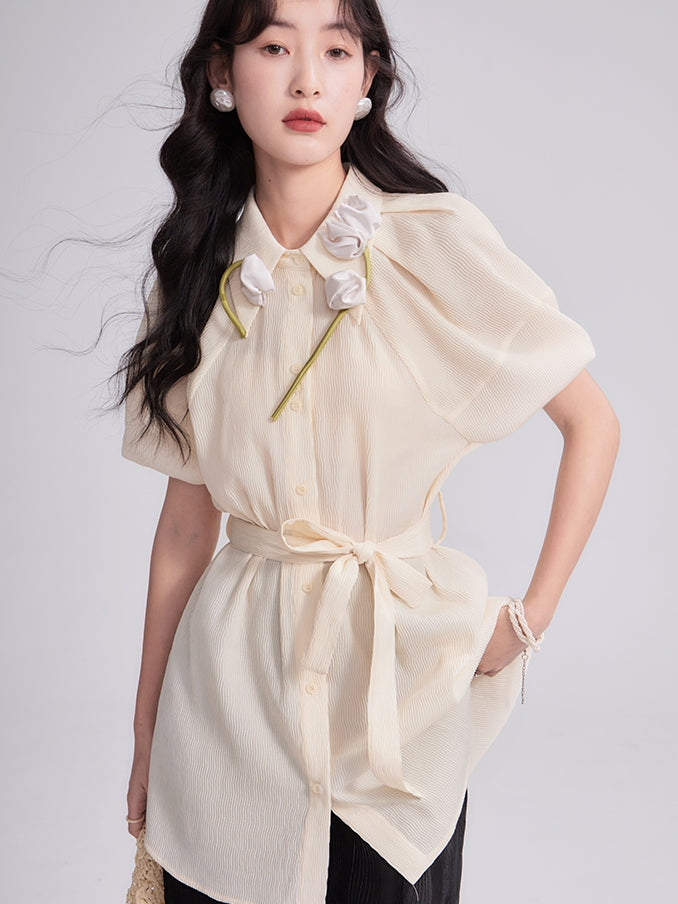 Ballon-Sleeve 3D Flower Natural Mini-One-Piece Long-Shirt