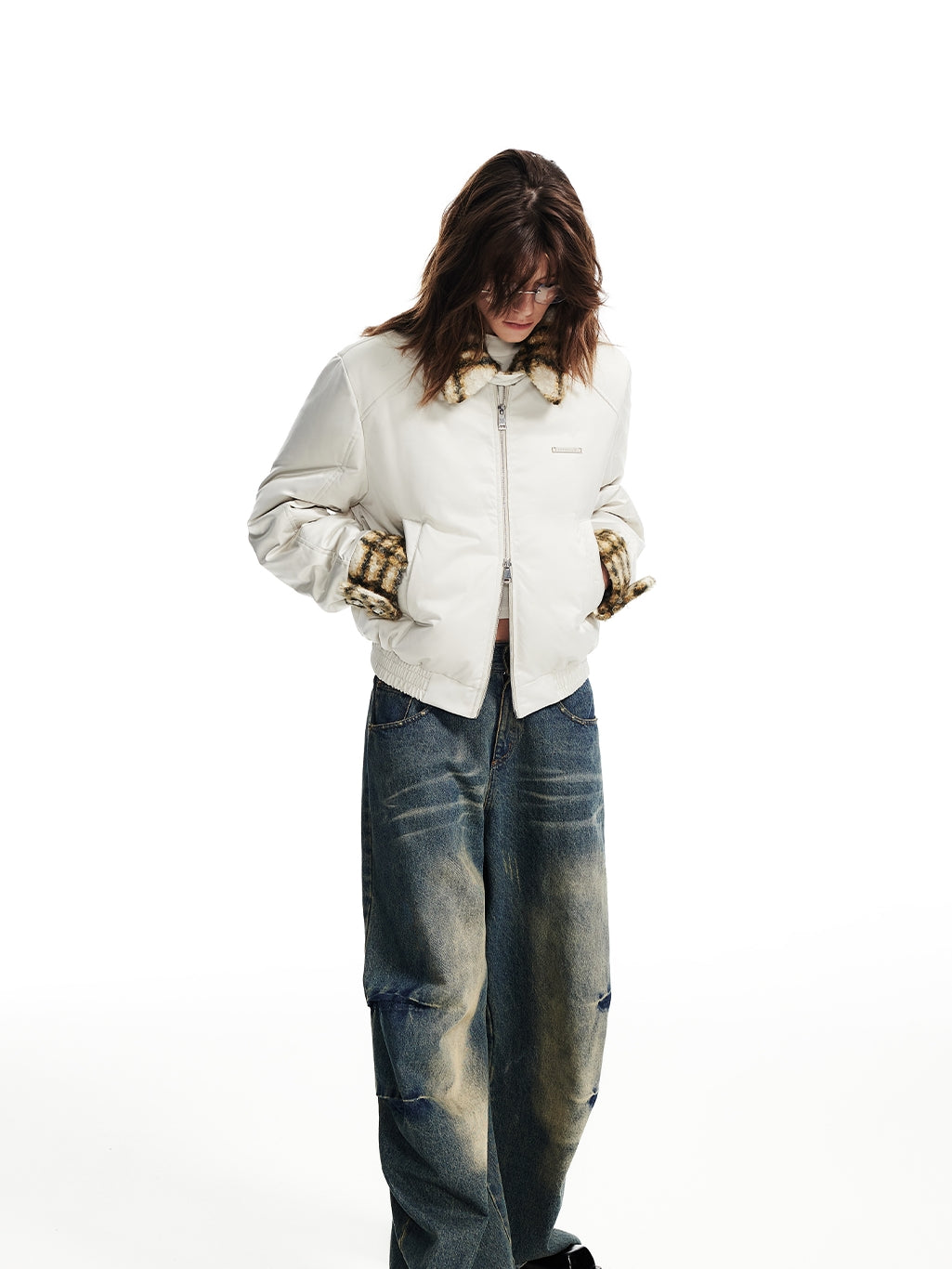 Checked Retro Boa*Collar Middle Down-Jacket