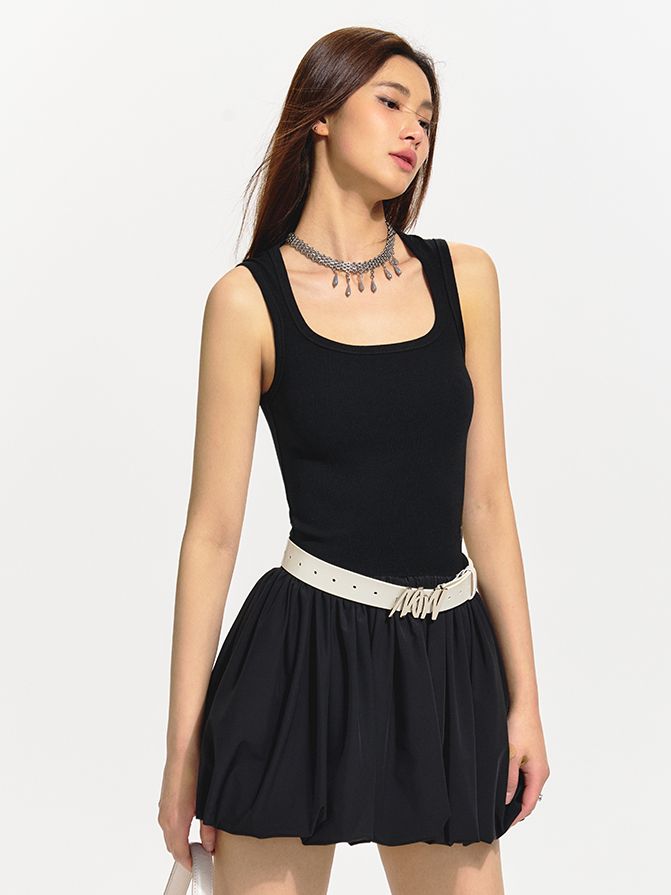 SQUARE-NECK FLUFFILY MINI SLEEVELESS ONE-PIECE