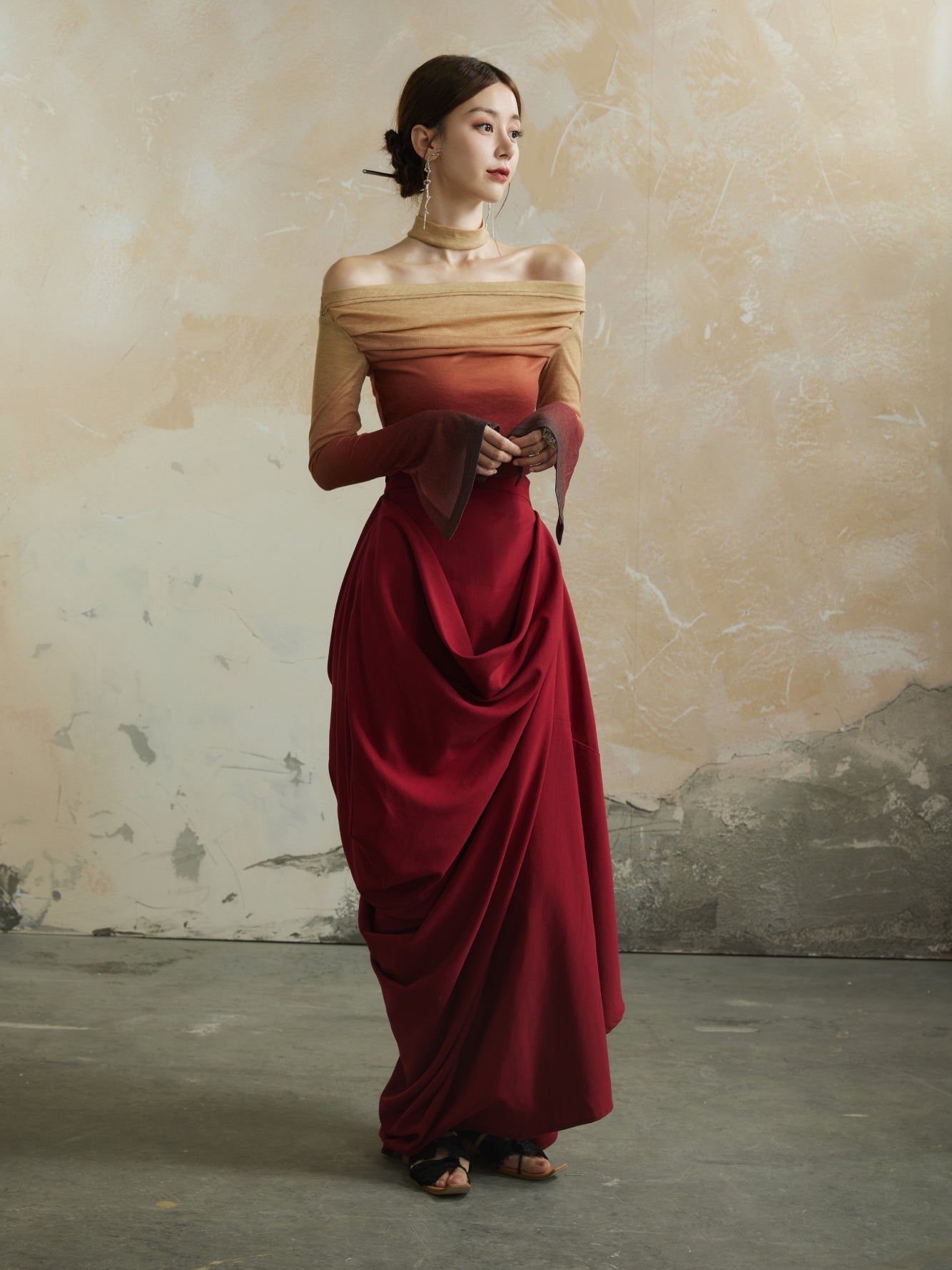 Plain Asymmetry Drape Feminine Elegant Long-Skirt