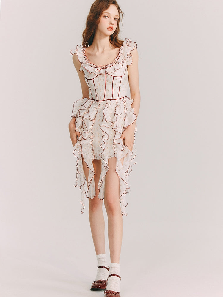 비대칭 프러플 여자 꽃 원피스