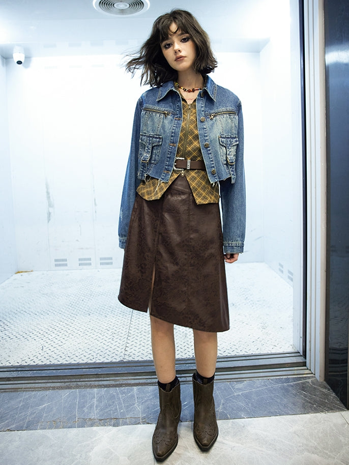 Leather Lace Asymmetry Middle Skirt