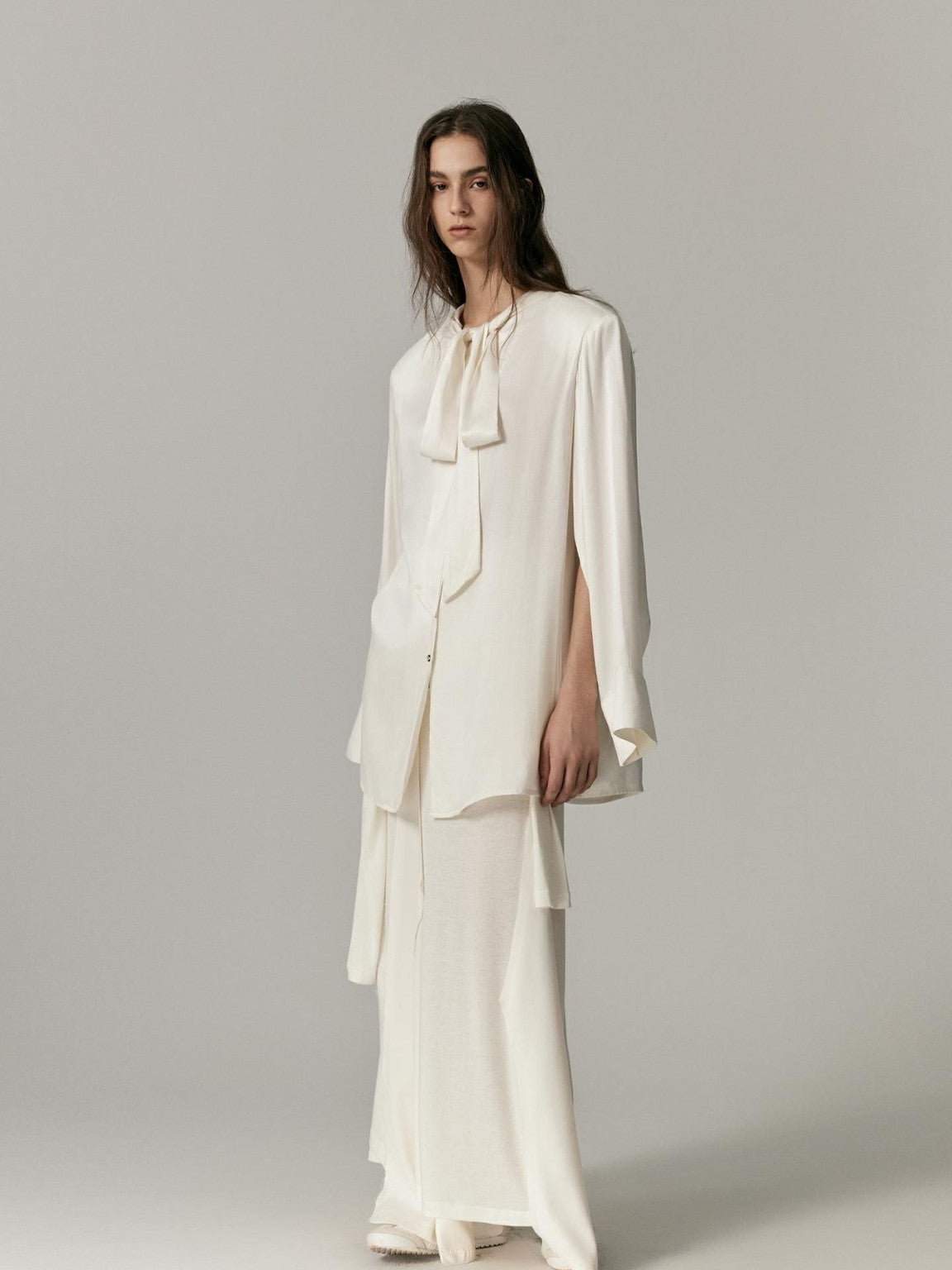 Ribbon-Tie Oversize Cape Blouse