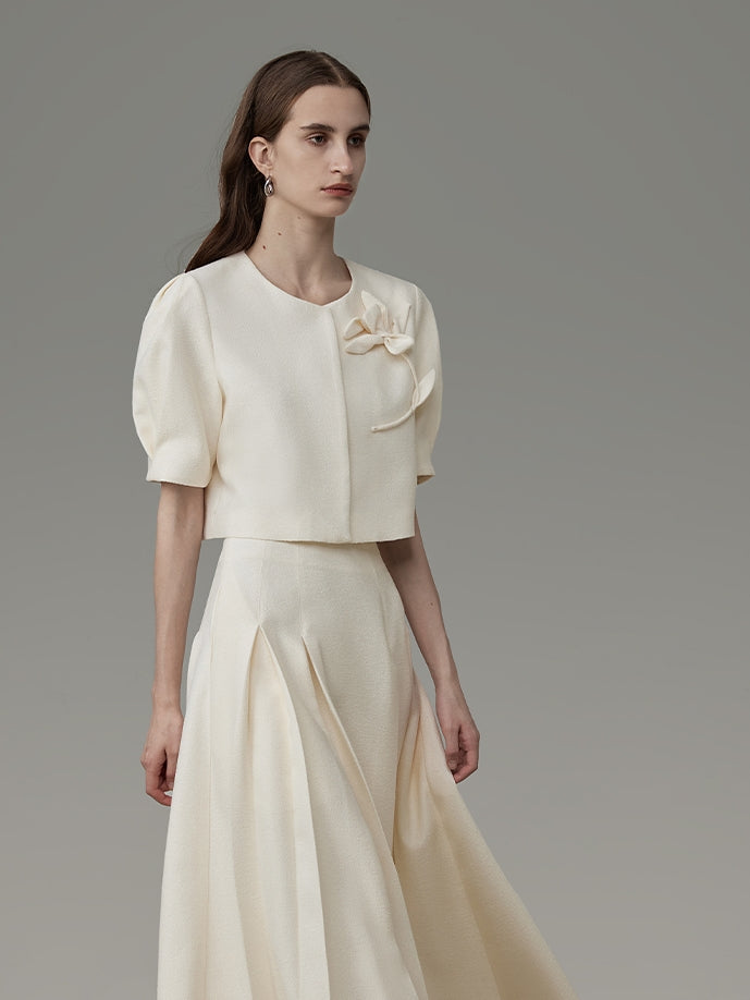 Flower Embroidery Puff-Sleeve Formal Blouse&Long-Skirt