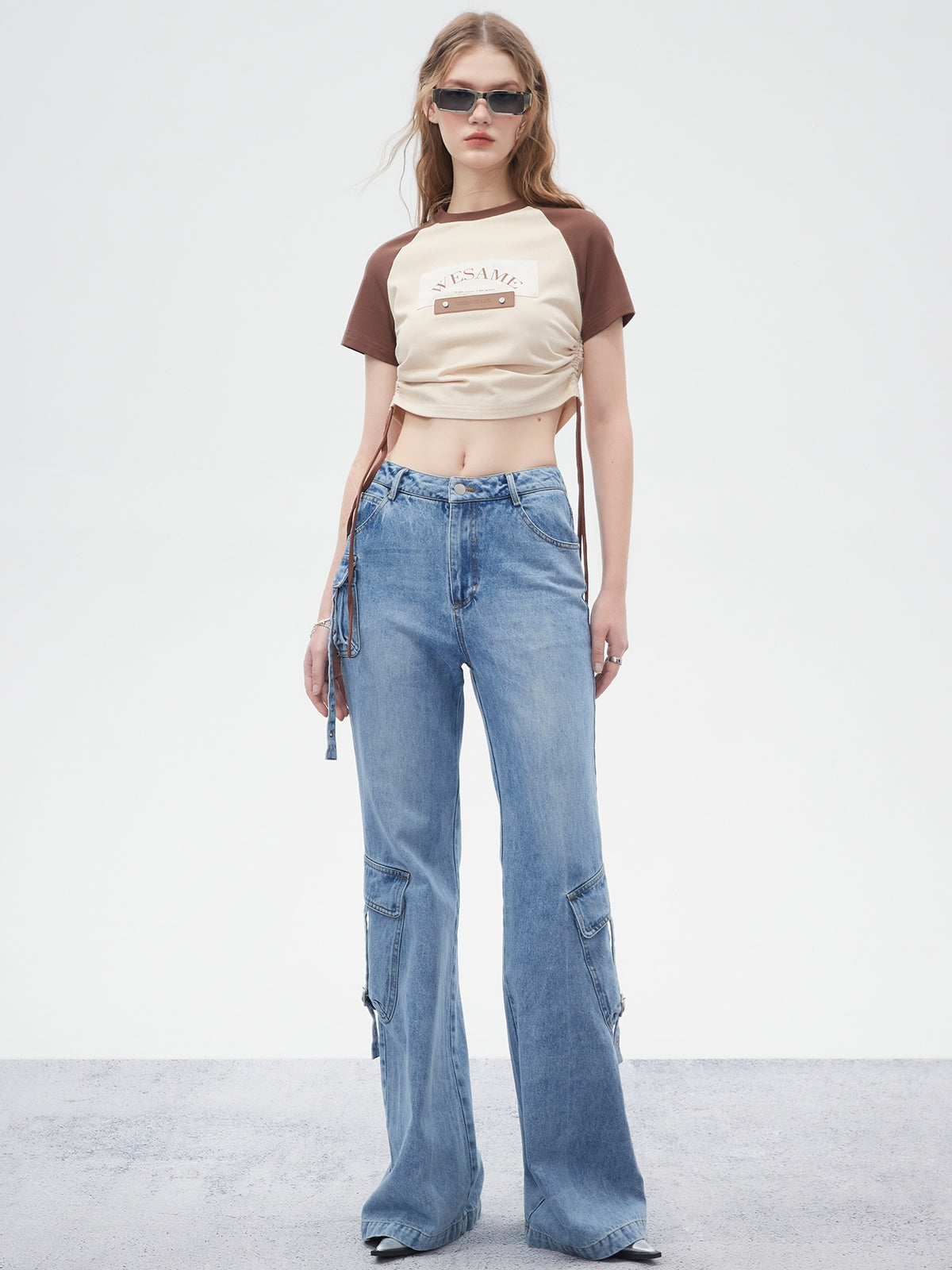 Side-Pocket Belt Denim Flare-Pants