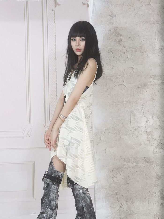 V-Neck Asymmetry 레이스 업 탑