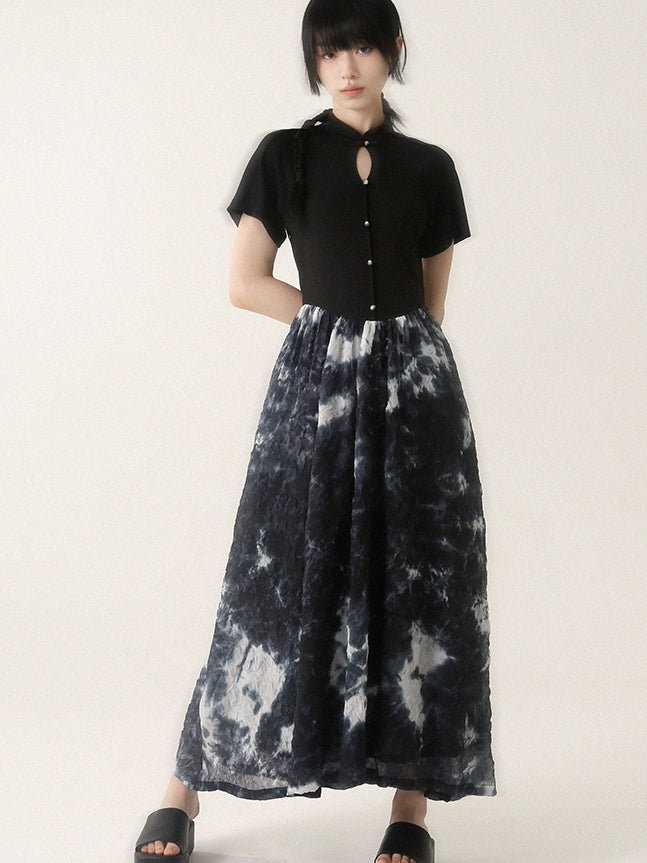 타이 염색 꽃 레이스 반 버튼 긴 일체형