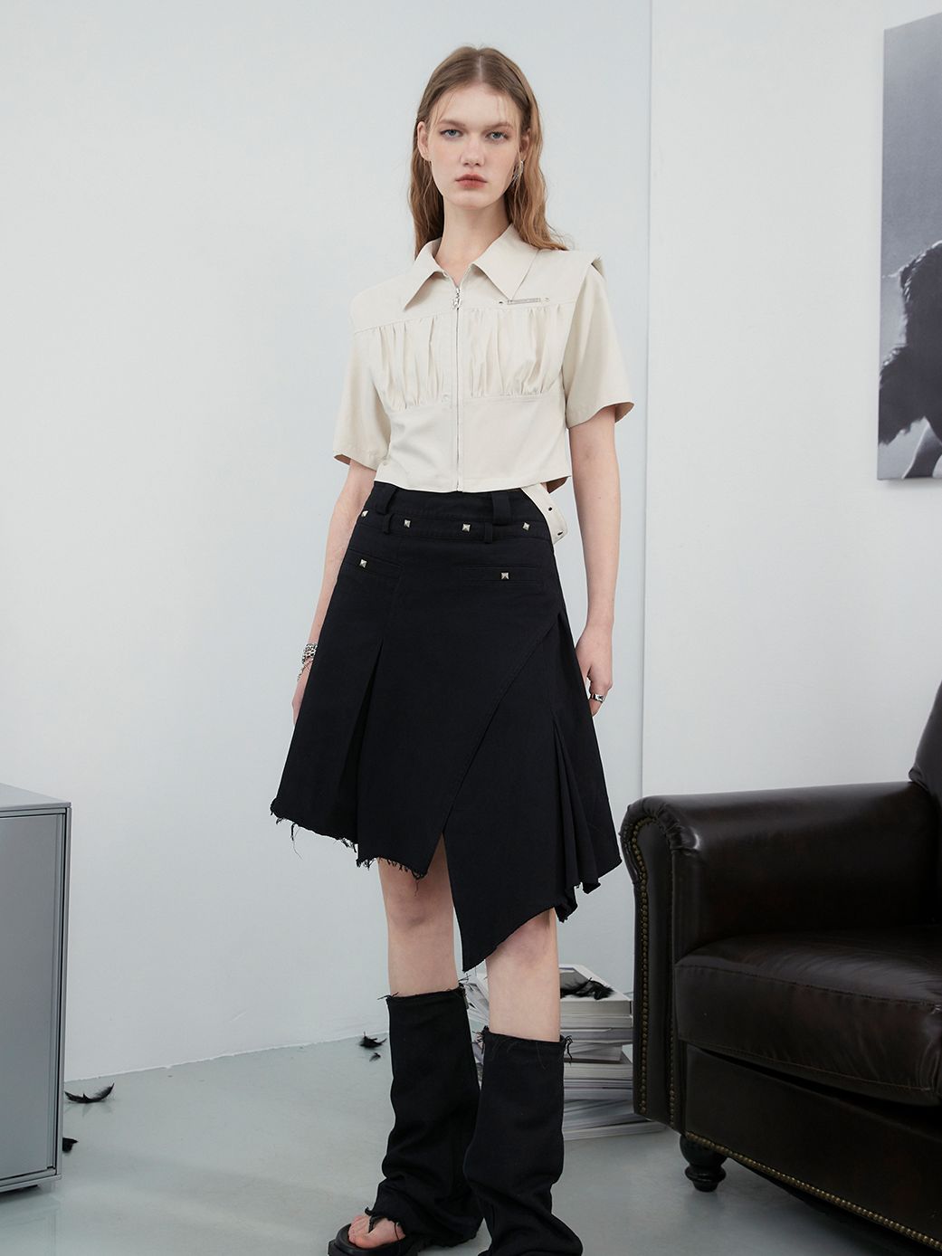 Zip Cropped Nichi Plain Shirt