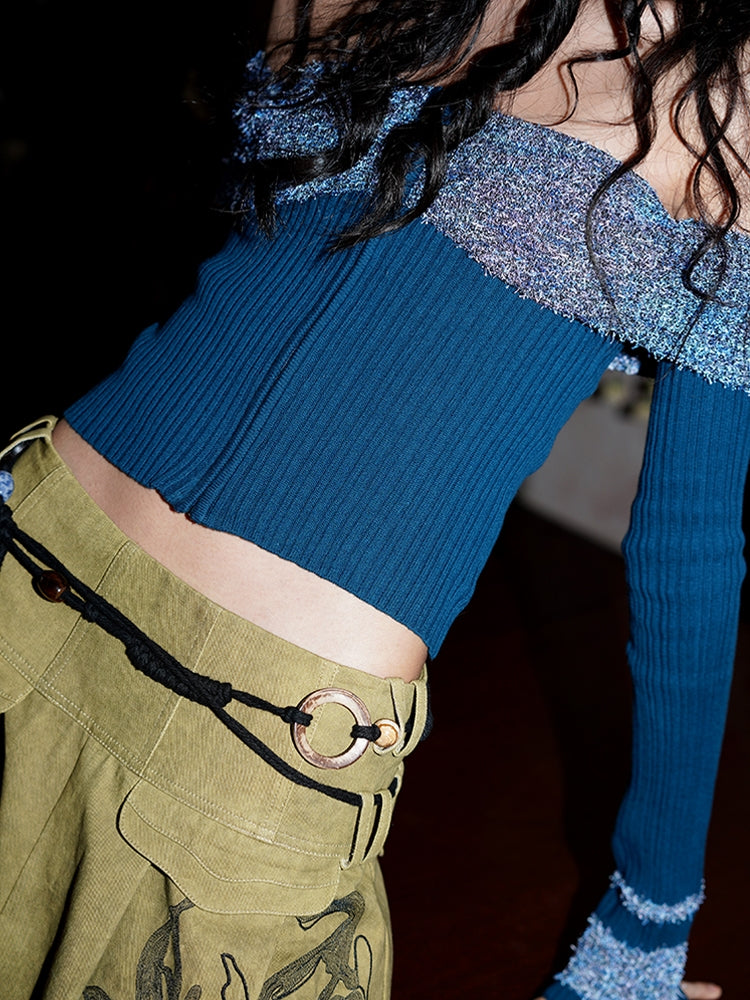 암커버 컬러풀한 오프숄더 지퍼 유니크 니트