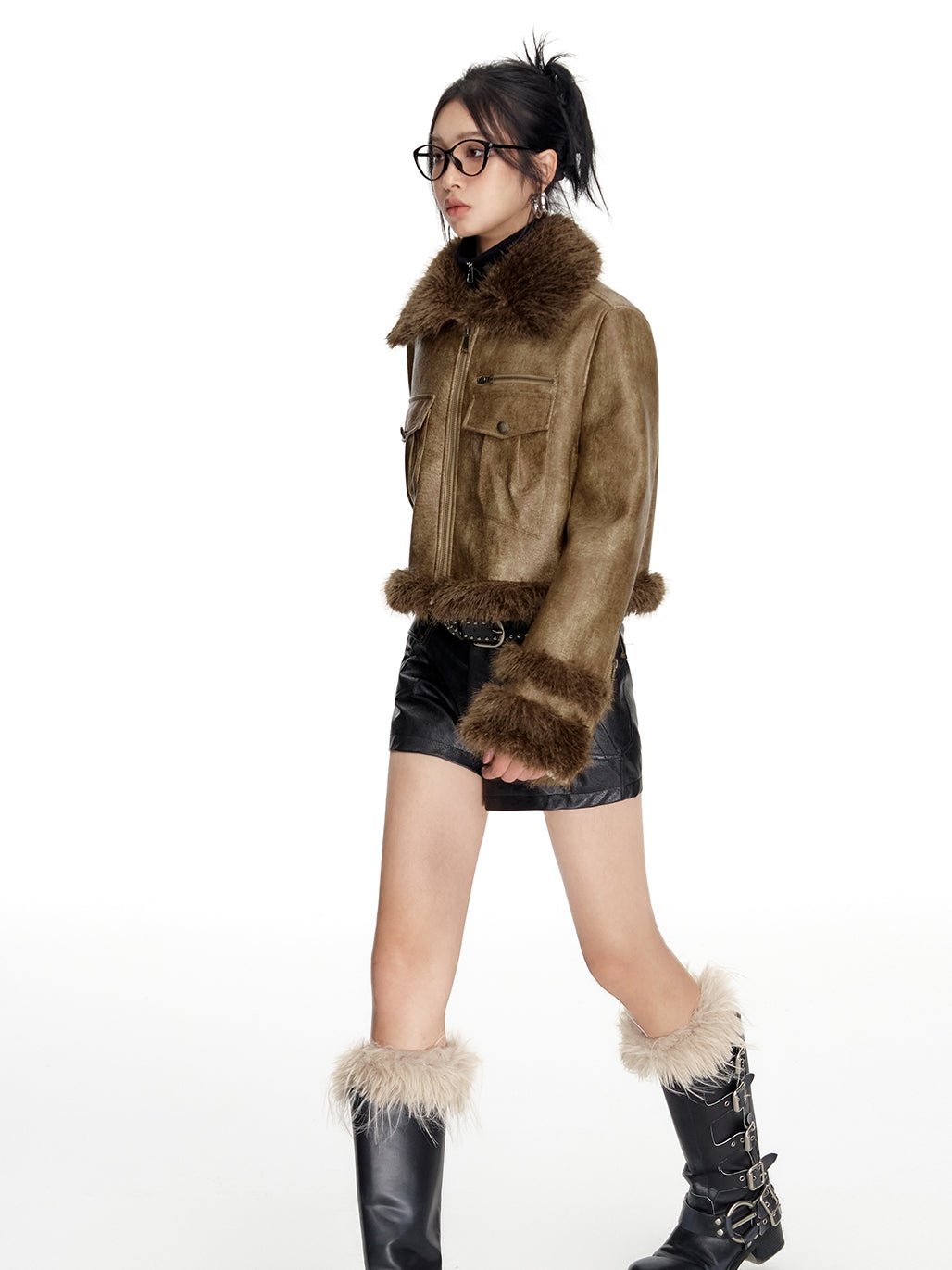 Boa Fur Middle Vintage High-End Leather-Jacket