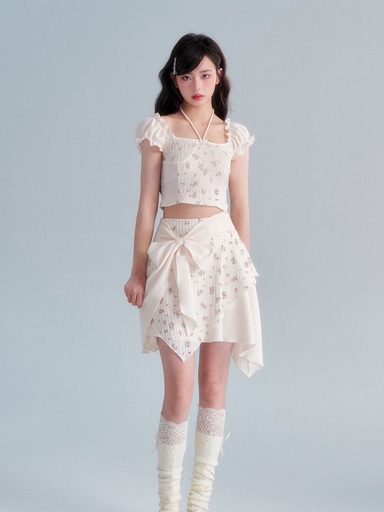 Glove Flower Cropped Fit Frill Ribbon asymmetry Tops & Skirt