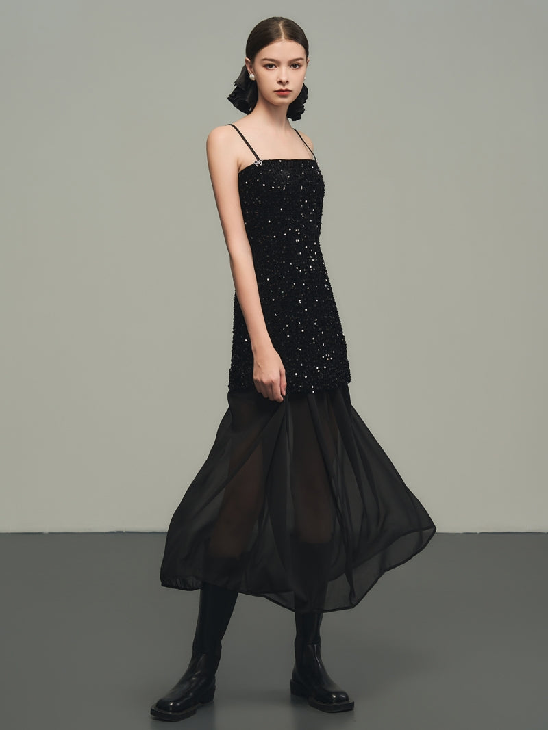 Sequins Elegant Bijou Flare Ciffon Camisole&Long-Skirt