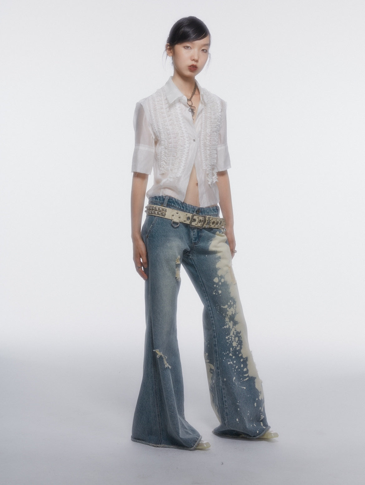 쉬어 레이스 펄 프릴 블라우스