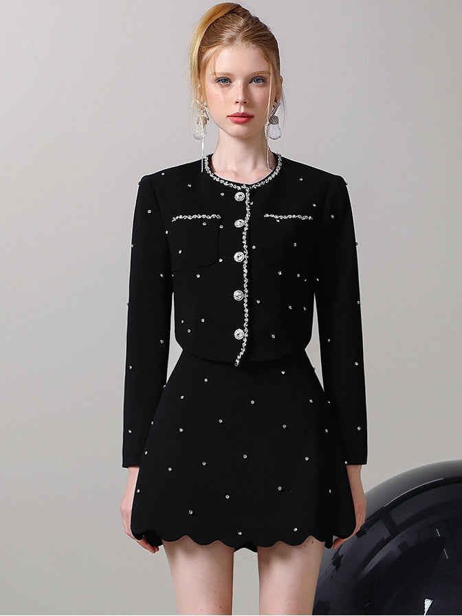 Jacket&Mini-Skirt Pearl Suit Classy Studs Set-Up