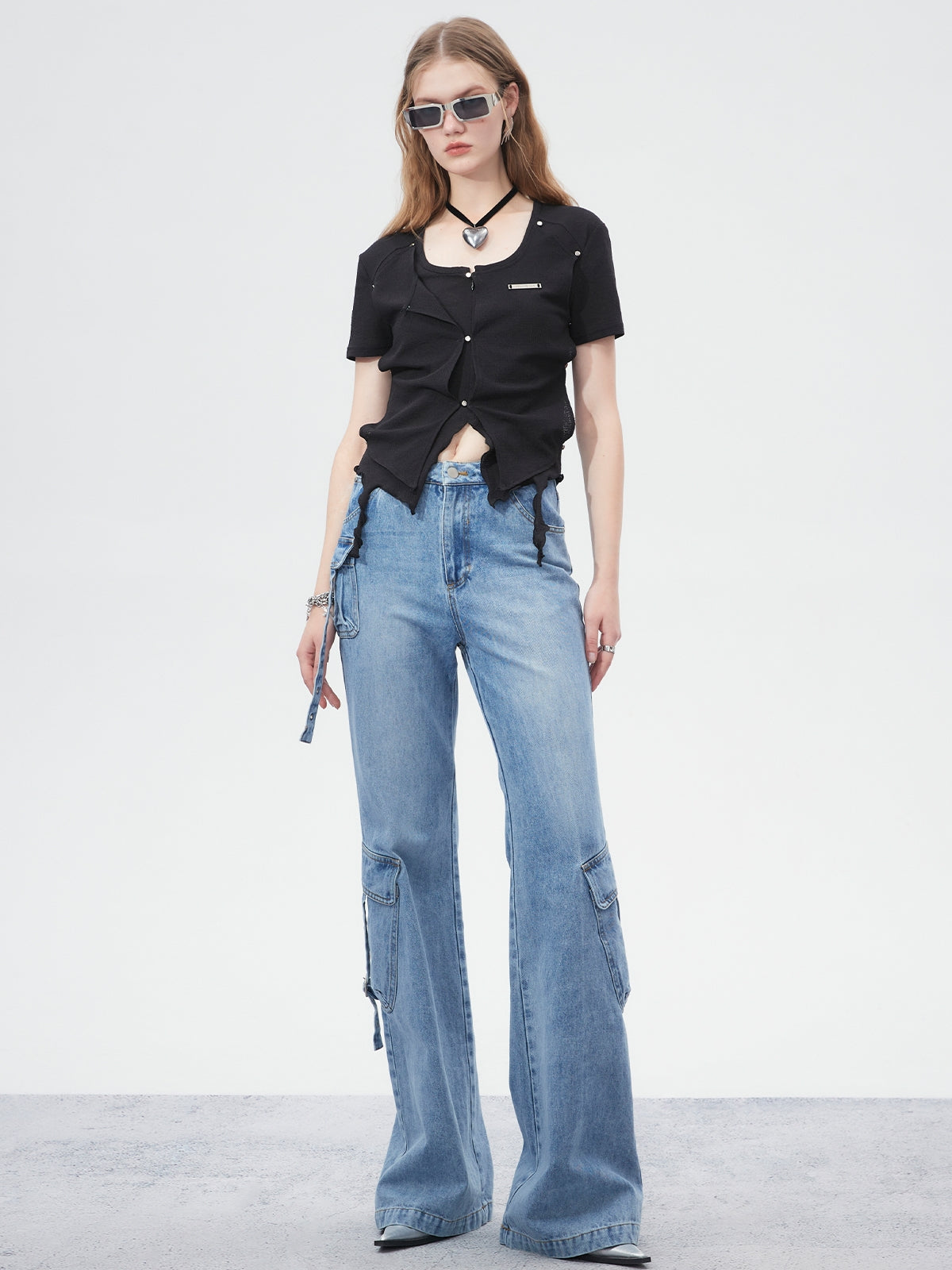 Side-Pocket Belt Denim Flare-Pants