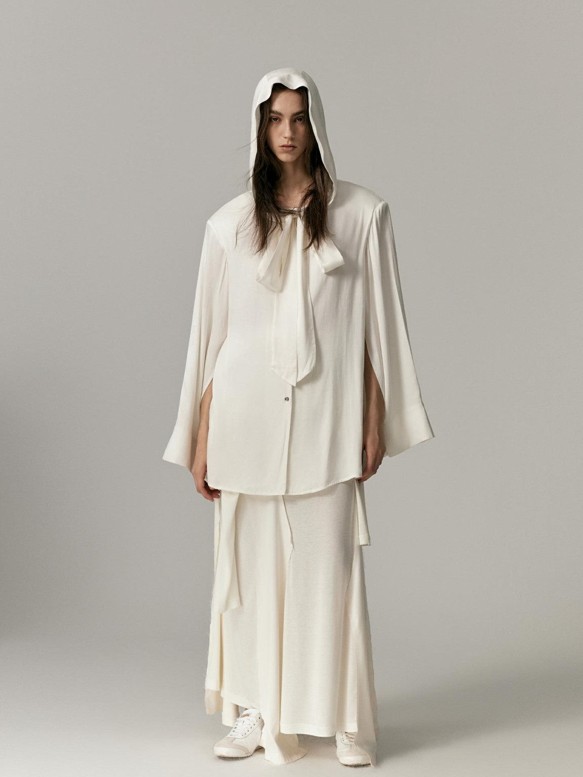 Ribbon-Tie Oversize Cape Blouse