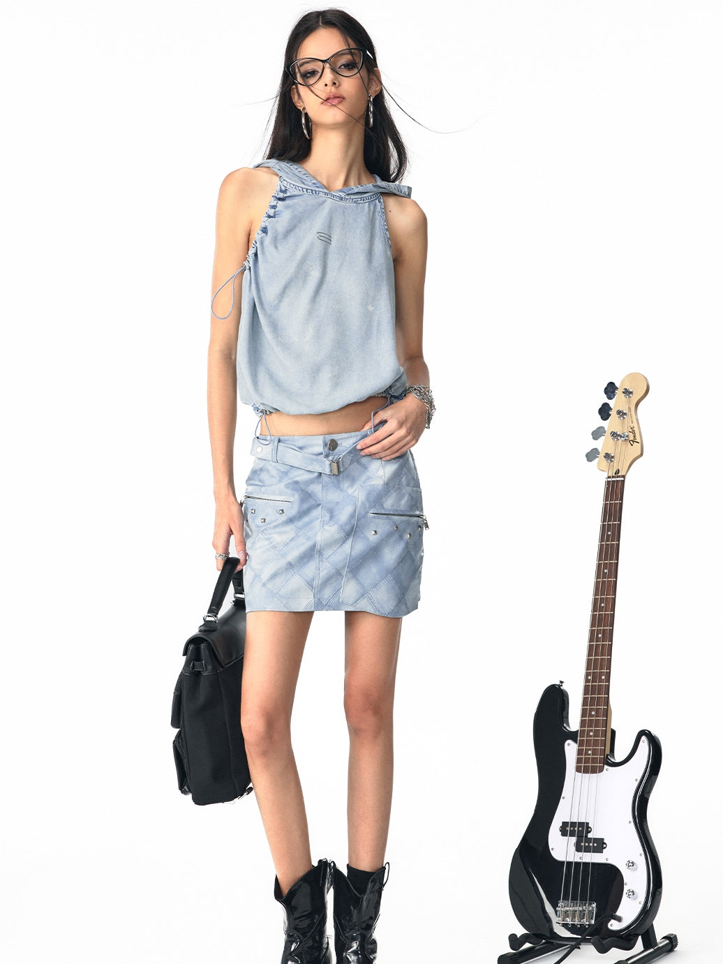 Drawstring Denim Hoodie Nichi Sleeveless Tops&Skirt