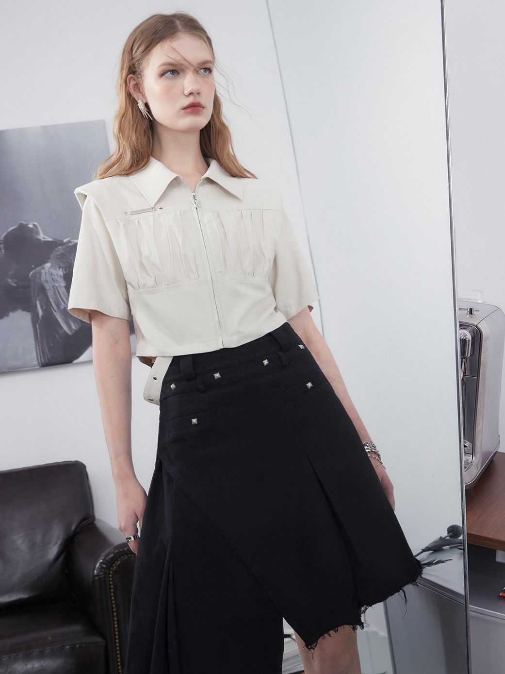 Zip Cropped Nichi Plain Shirt
