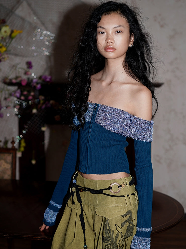 암커버 컬러풀한 오프숄더 지퍼 유니크 니트