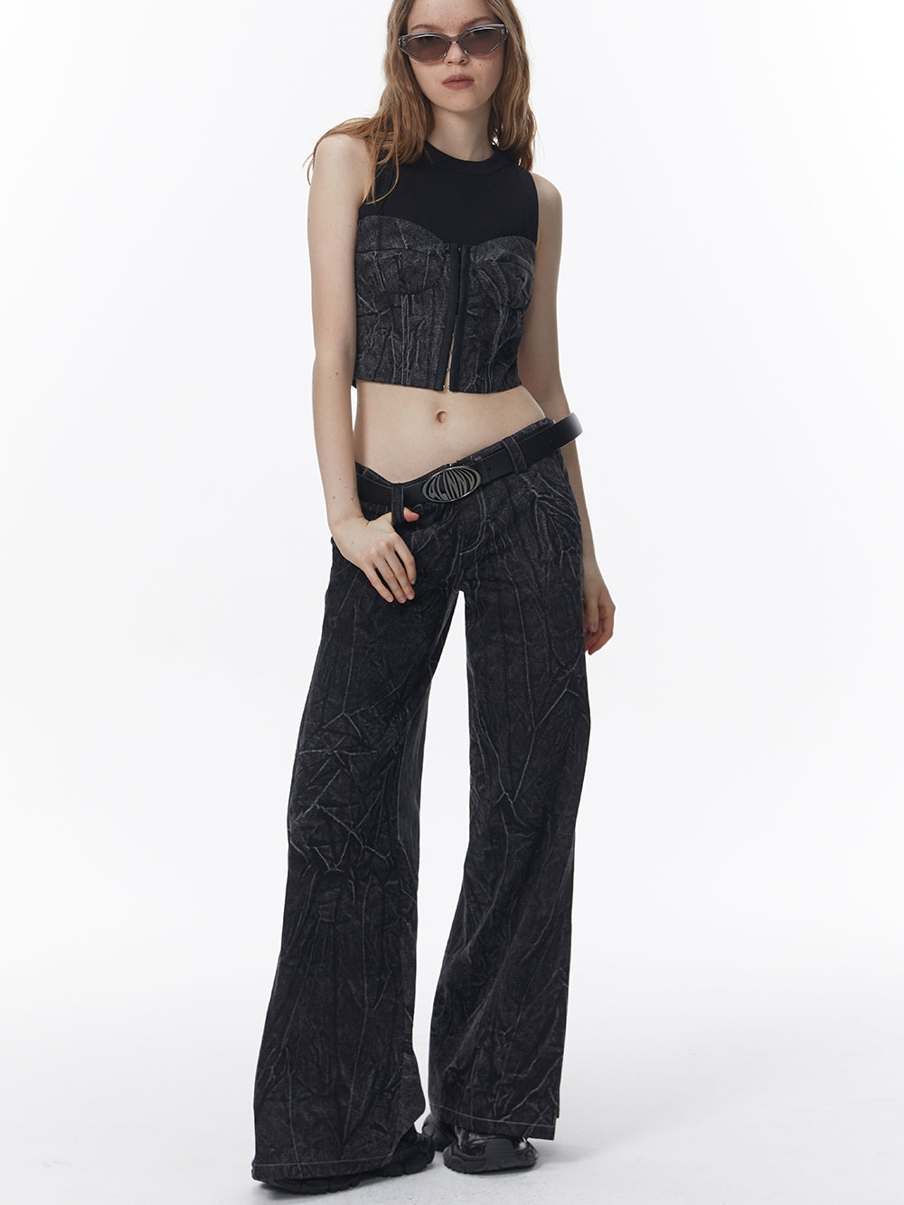 주름진 데님 캐주얼 넓은 바지