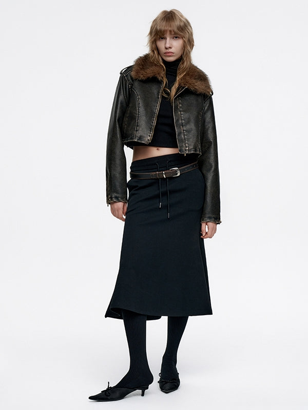 짧은 부드러운 레트로 자른 모피 콜라 가죽 재킷