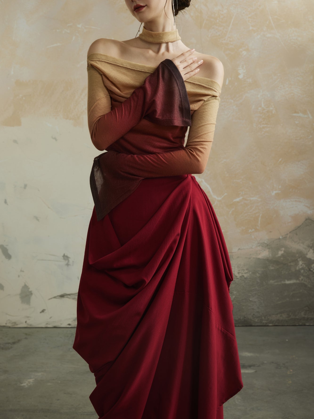 Plain Asymmetry Drape Feminine Elegant Long-Skirt