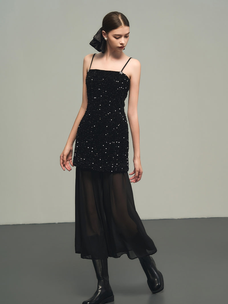 Sequins Elegant Bijou Flare Ciffon Camisole&Long-Skirt