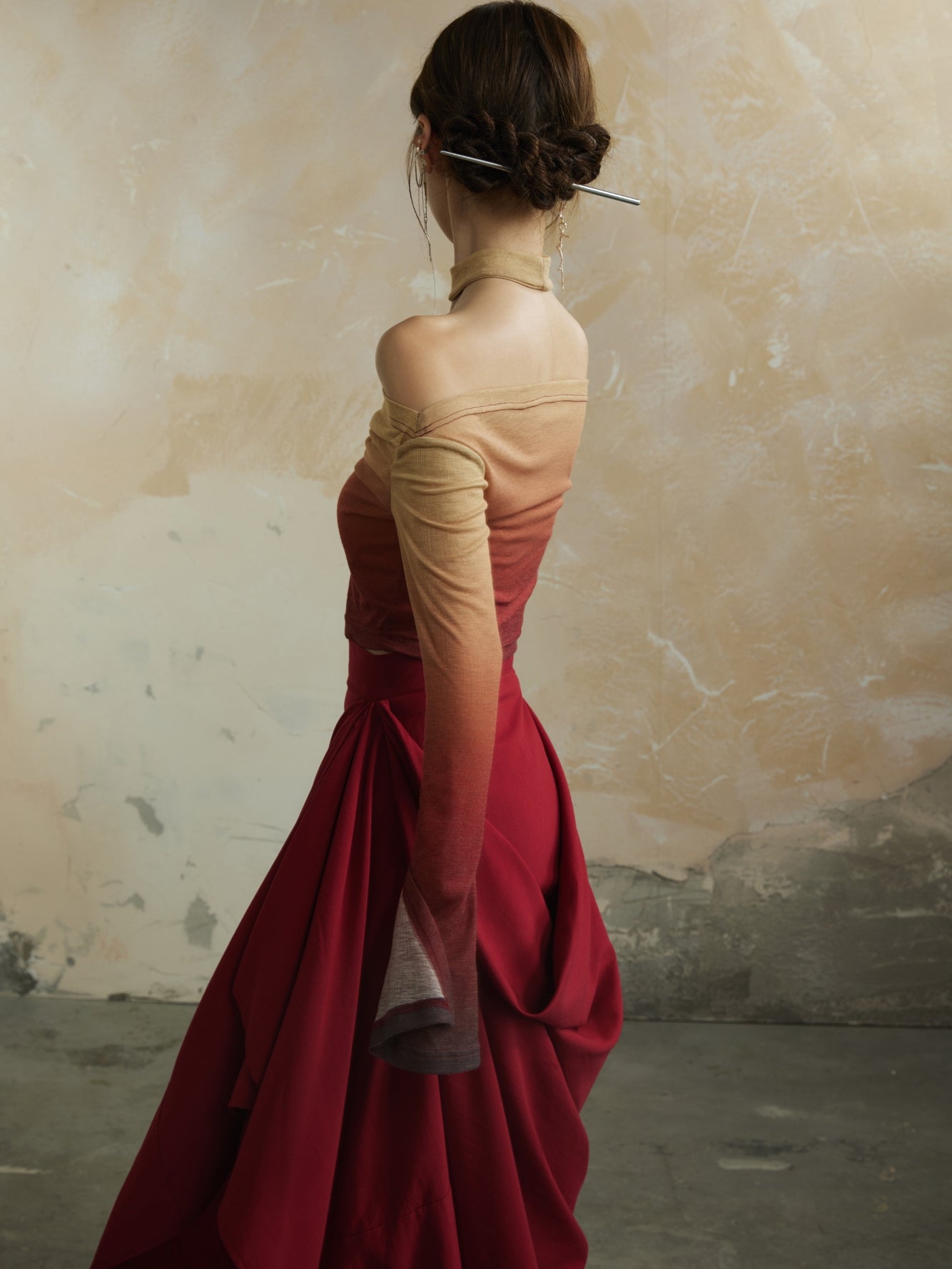 Plain Asymmetry Drape Feminine Elegant Long-Skirt